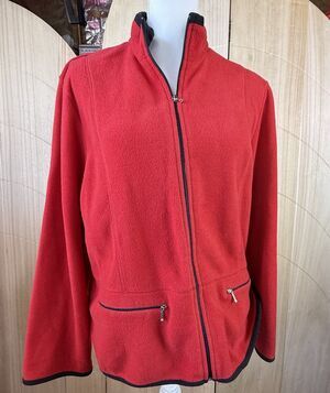 Jennifer Moore Women’s XL Red Fleece Jacket Full Zip Black Trim Zip Pockets